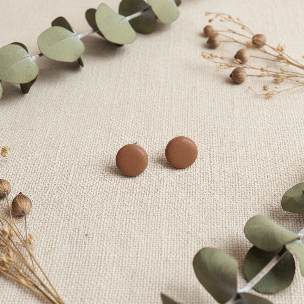  "Handmade polymer clay cocoa bean stud earrings in warm terracotta brown matte finish"