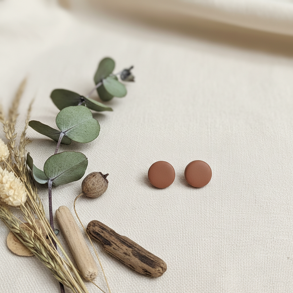  "Handmade polymer clay cocoa bean stud earrings in warm terracotta brown matte finish"