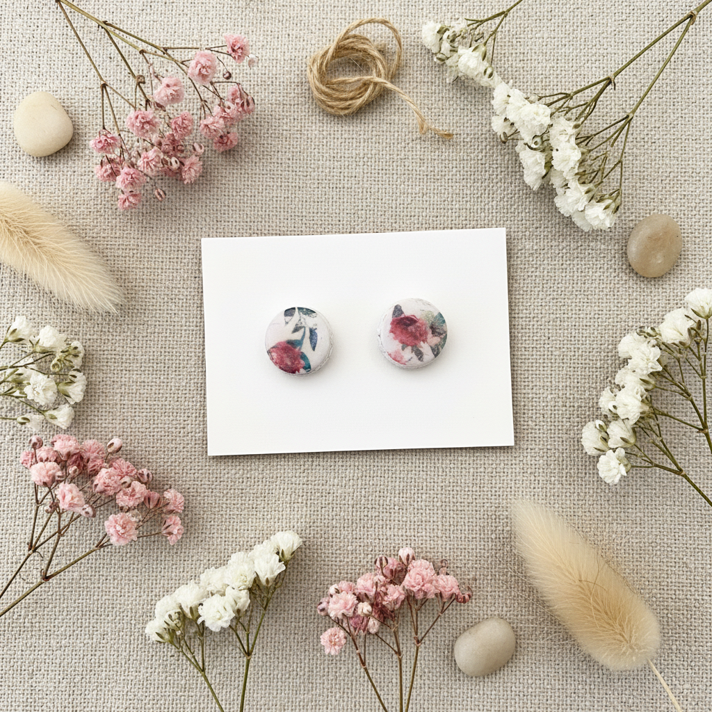 Garden Floral Studs in Coral displayed on white card with pastel gradient background and dried flower styling