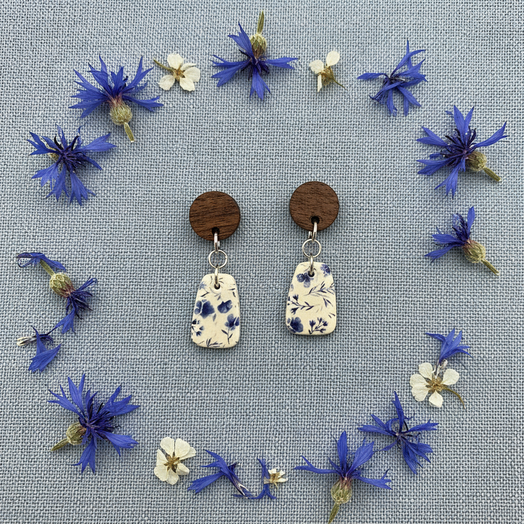 Overhead flat lay of Crafty Larder Cornflower earrings on dusty blue linen with dried cornflower petals — round dark wood stud with small rounded rectangle clay drop featuring scattered indigo cornflower print on cream