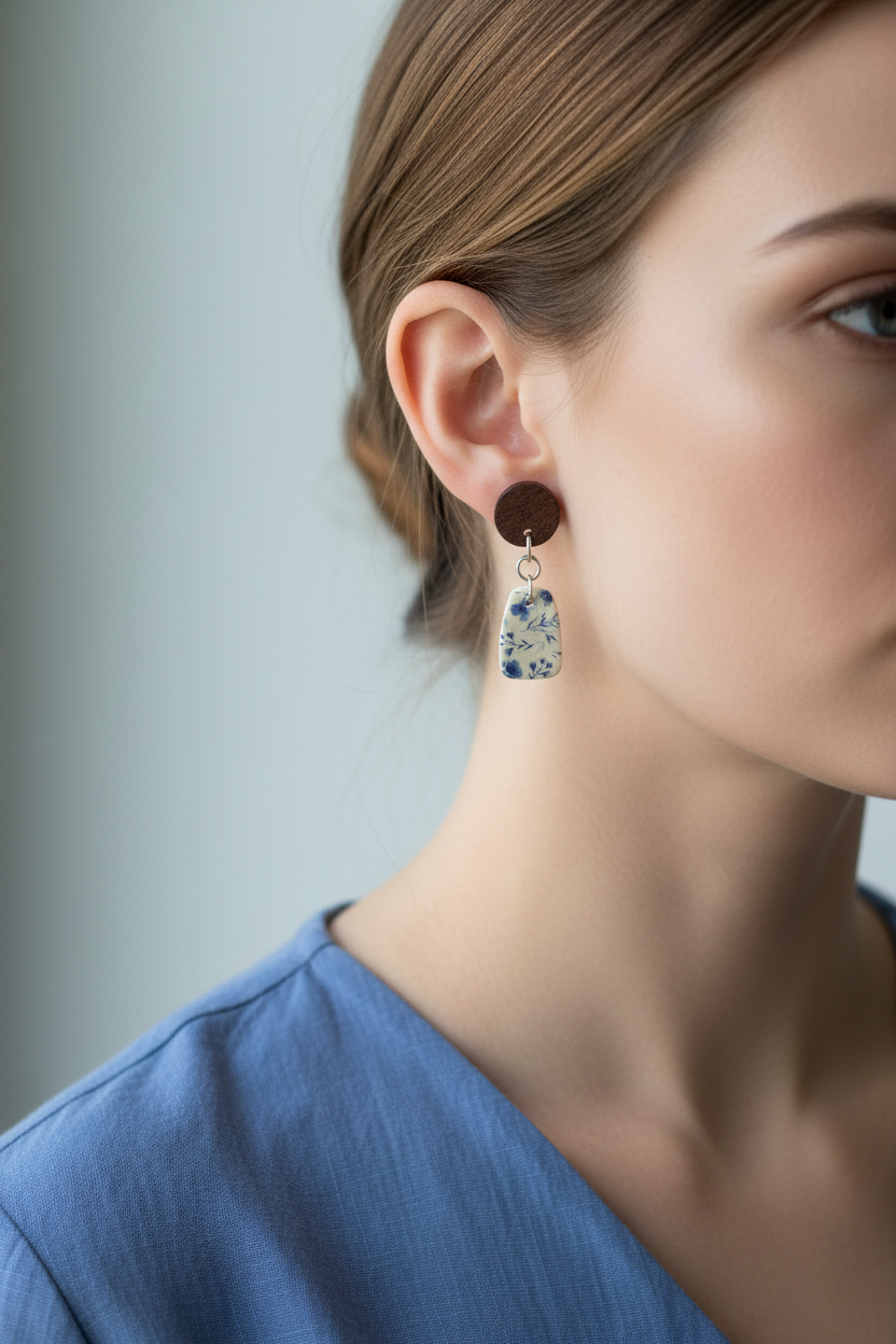 Close up of model wearing Crafty Larder Cornflower earrings — round dark wood stud with small rounded rectangle clay drop featuring scattered indigo cornflower print on cream