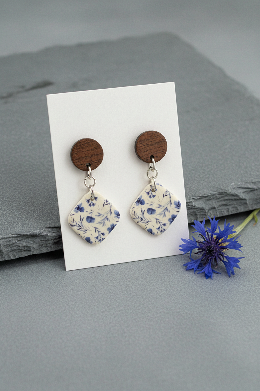 Handmade Cornflower earrings — round dark wood stud with diamond-shaped clay drop featuring scattered indigo cornflower print on cream, on white jewellery card propped on cool grey slate with dried cornflower