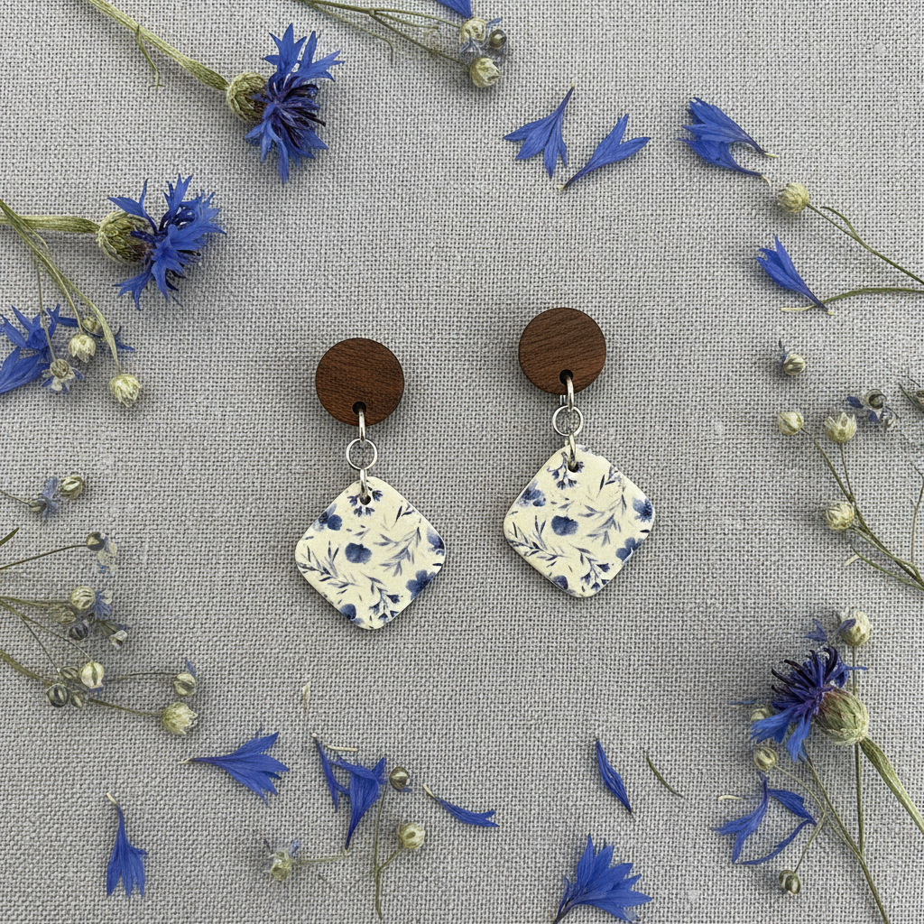 Overhead flat lay of Crafty Larder Cornflower earrings on dusty blue linen with dried cornflower petals — round dark wood stud with diamond-shaped clay drop featuring scattered indigo cornflower print on cream