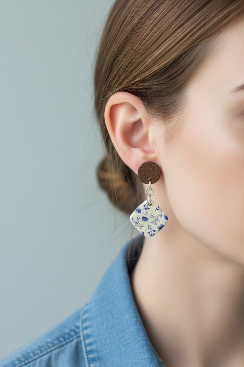 Close up of model wearing Crafty Larder Cornflower earrings — round dark wood stud with diamond-shaped clay drop featuring scattered indigo cornflower print on cream
