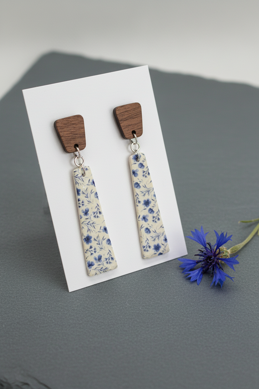 Handmade Cornflower earrings — trapezoid dark wood stud with long slim trapezoid clay drop featuring scattered indigo cornflower print on cream, on white jewellery card propped on cool grey slate with dried cornflower