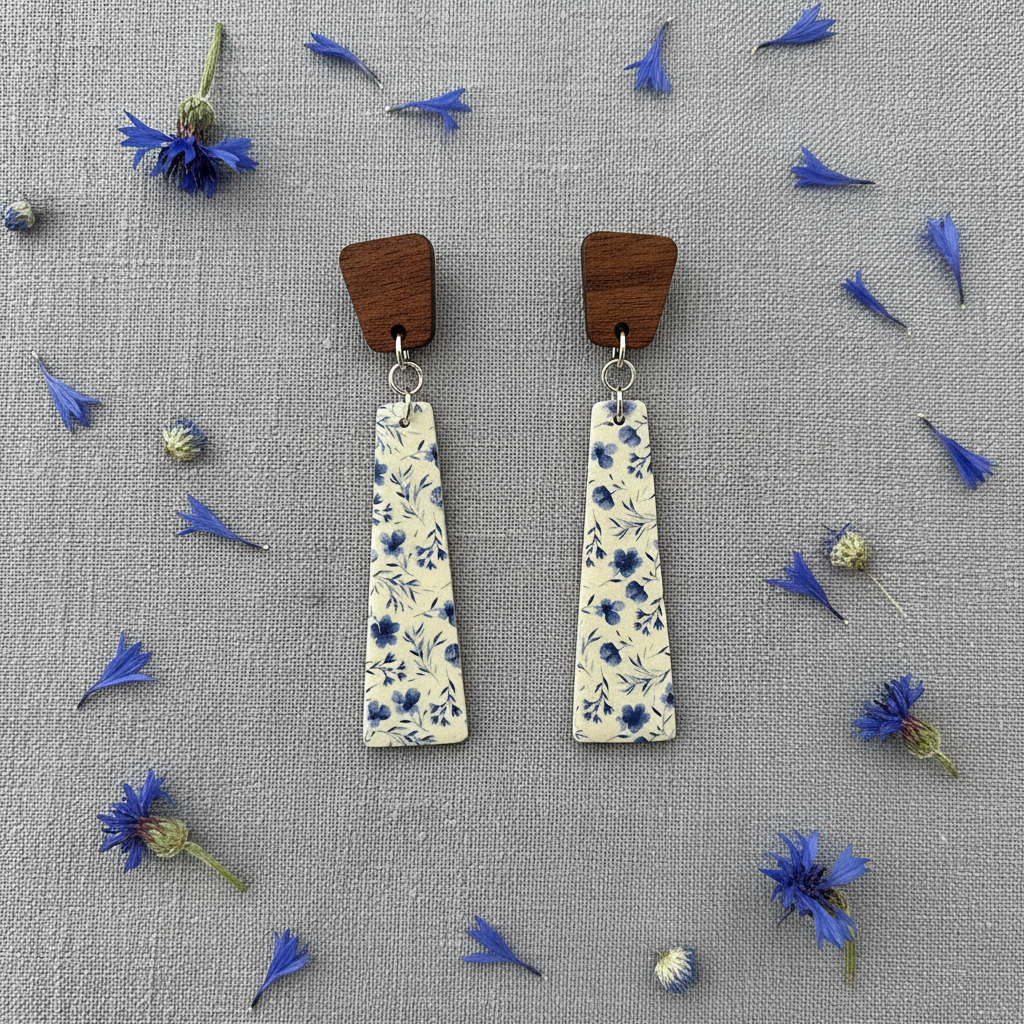 Overhead flat lay of Crafty Larder Cornflower earrings on dusty blue linen with dried cornflower petals — trapezoid dark wood stud with long slim trapezoid clay drop featuring scattered indigo cornflower print on cream