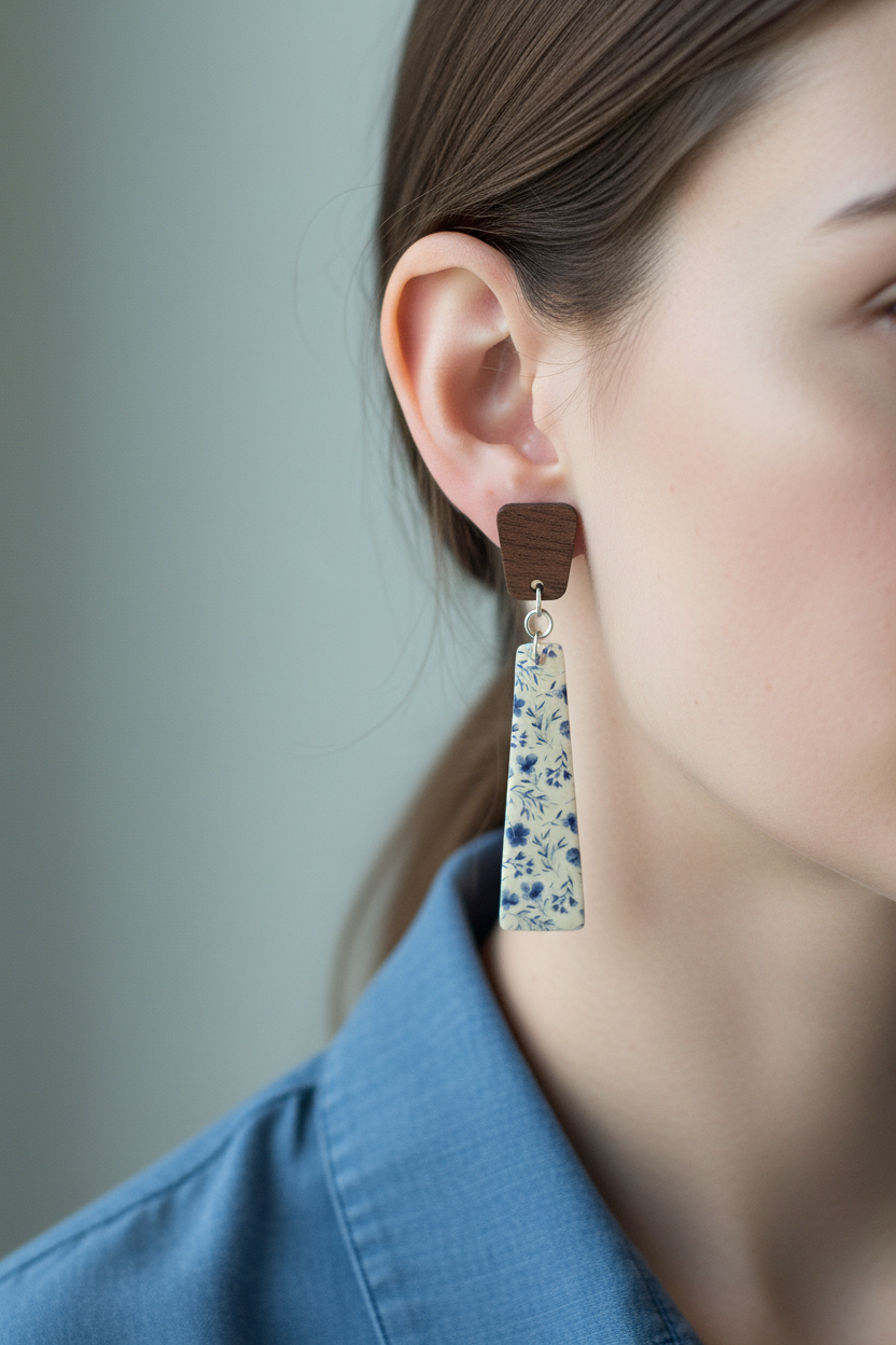 Close up of model wearing Crafty Larder Cornflower earrings — trapezoid dark wood stud with long slim trapezoid clay drop featuring scattered indigo cornflower print on cream