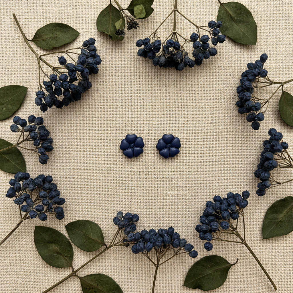 Blossom Studs in Crown Blue flat lay with dried indigo flowers and dark blue berries on warm linen, handmade polymer clay earrings from Crafty Larder's Harvest & Dusk Collection