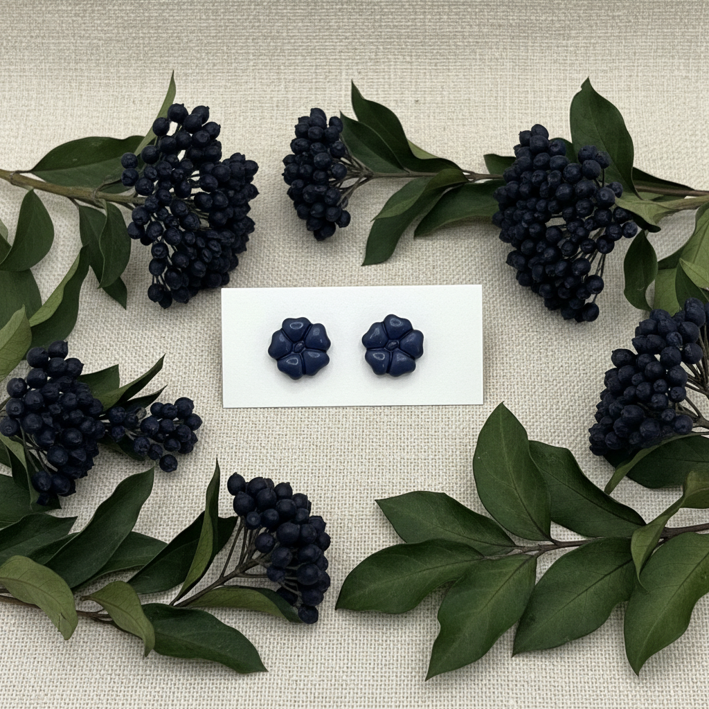 Blossom Studs in Crown Blue — handmade polymer clay 5-petal flower stud earrings, displayed on white card with rich indigo botanical styling, handcrafted in New Zealand by Crafty Larder