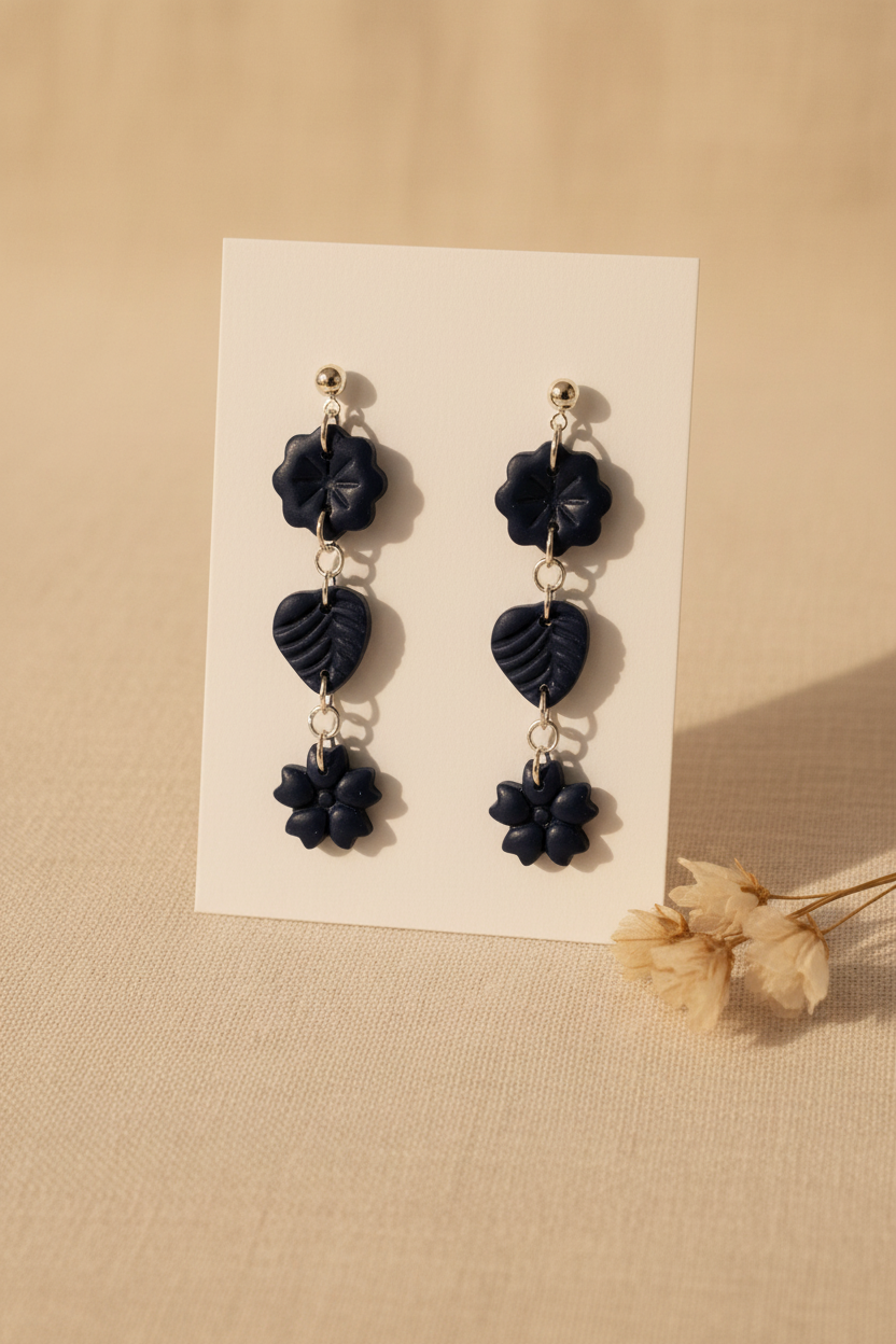 Handmade polymer clay Botanical Trio Earrings in Crown Blue — deep midnight navy three-tier flower, leaf & flower drop earrings on a plain white jewellery card with dried botanical stem