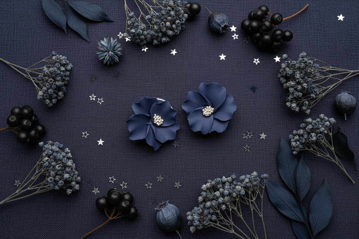 Autumn Petal Studs in Crown Blue flat lay with dried indigo flowers and dark winter berries on navy linen, handmade polymer clay earrings from Crafty Larder's Harvest & Dusk Collection