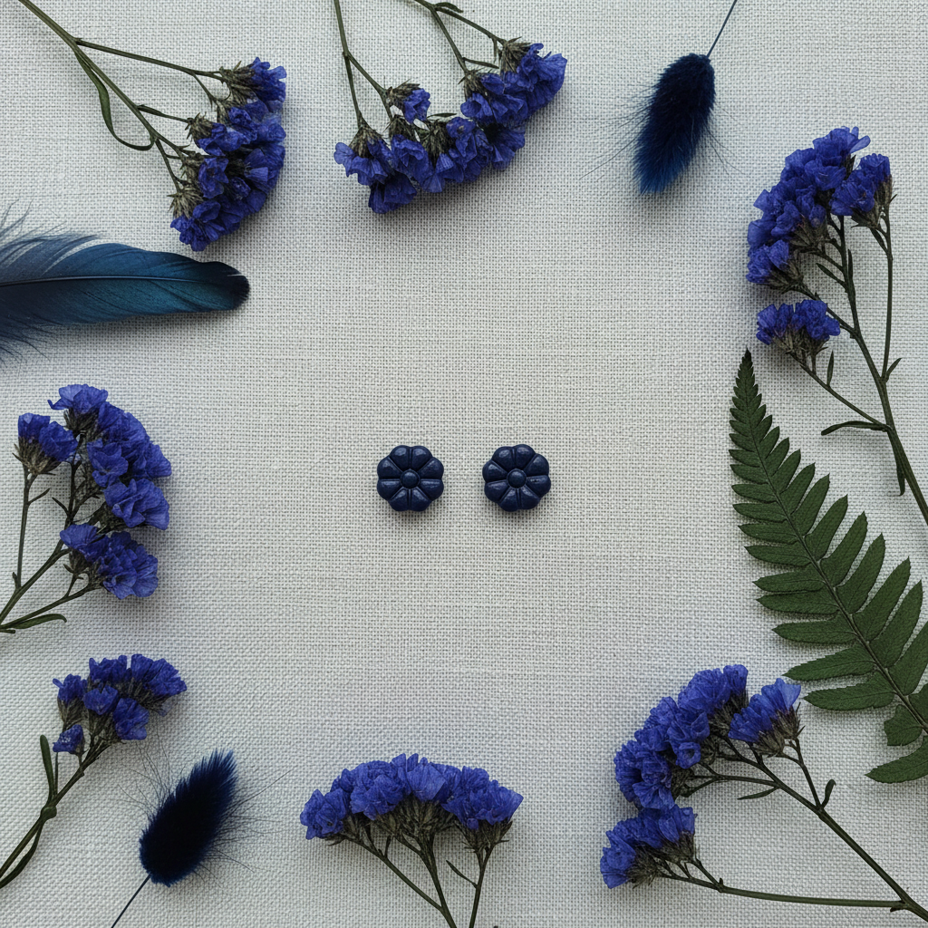 Dahlia Studs in Crown Blue flat lay with dried dark blue flowers and deep green foliage on cool linen, handmade polymer clay earrings from Crafty Larder's Harvest & Dusk Collection