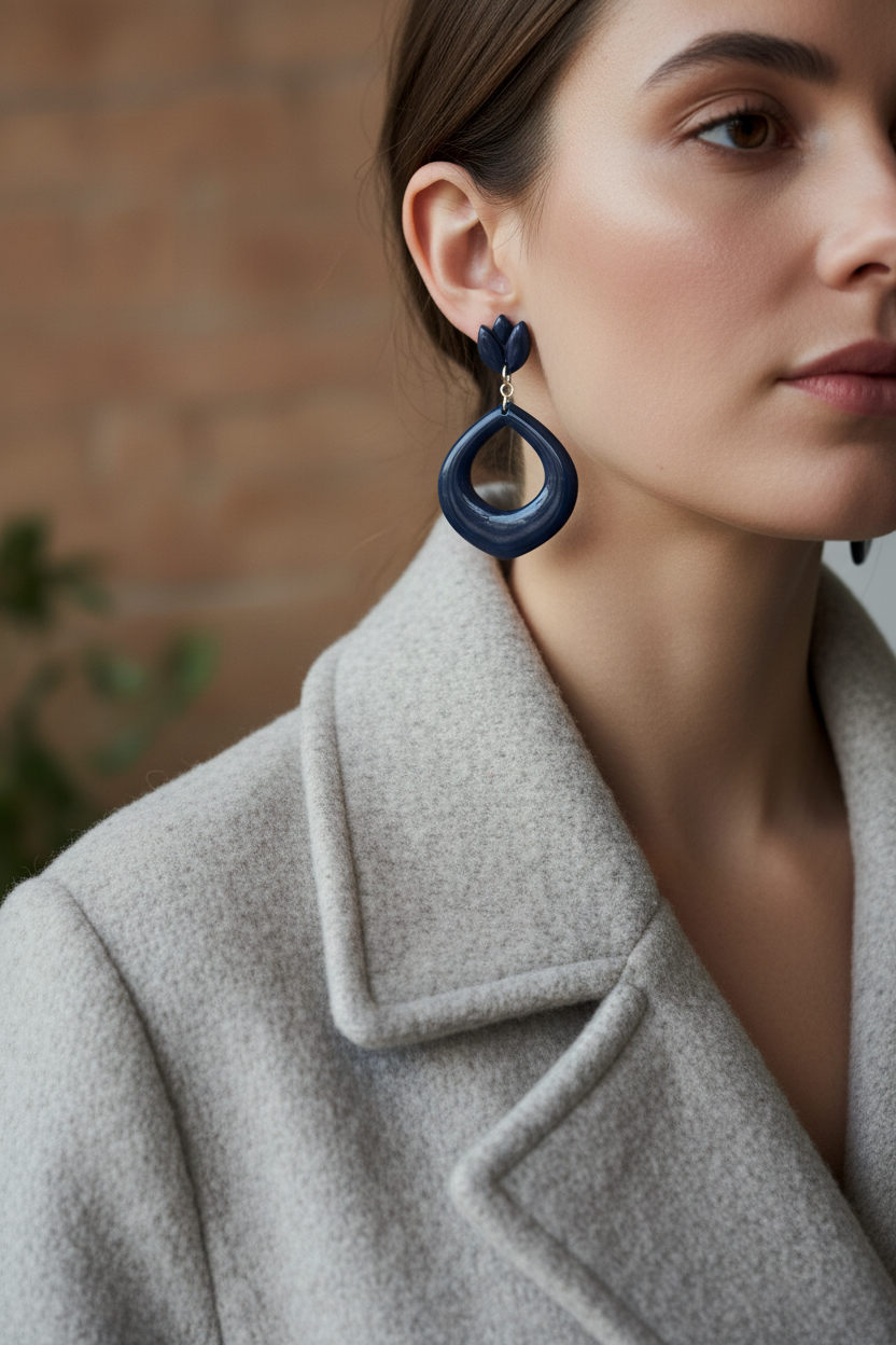 Model wearing Crafty Larder Tulip Loop Earrings in Crown Blue — handmade polymer clay dangle earrings in deep midnight navy, styled with a cosy autumn winter knit