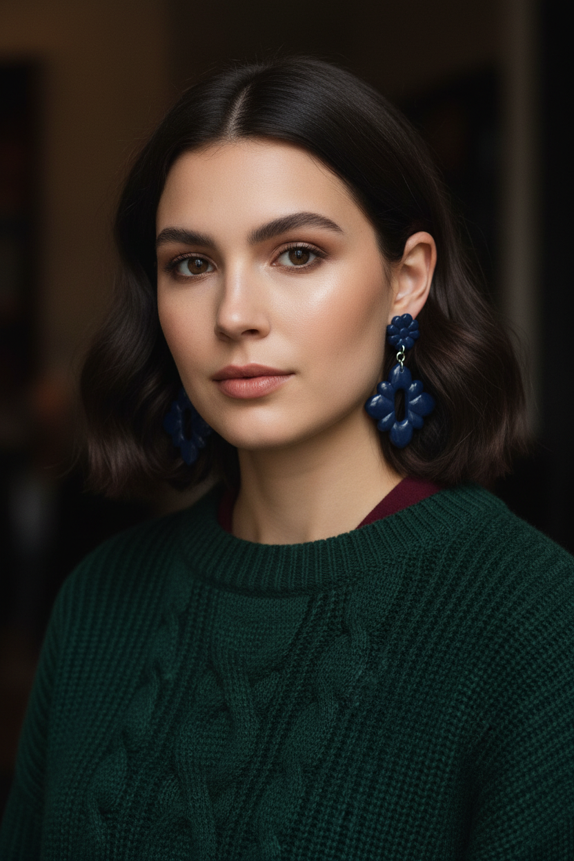 Model wearing Crafty Larder Gerbera Drop Earrings in Crown Blue — handmade polymer clay dangle earrings in deep midnight navy, styled with a rich dark autumn winter outfit