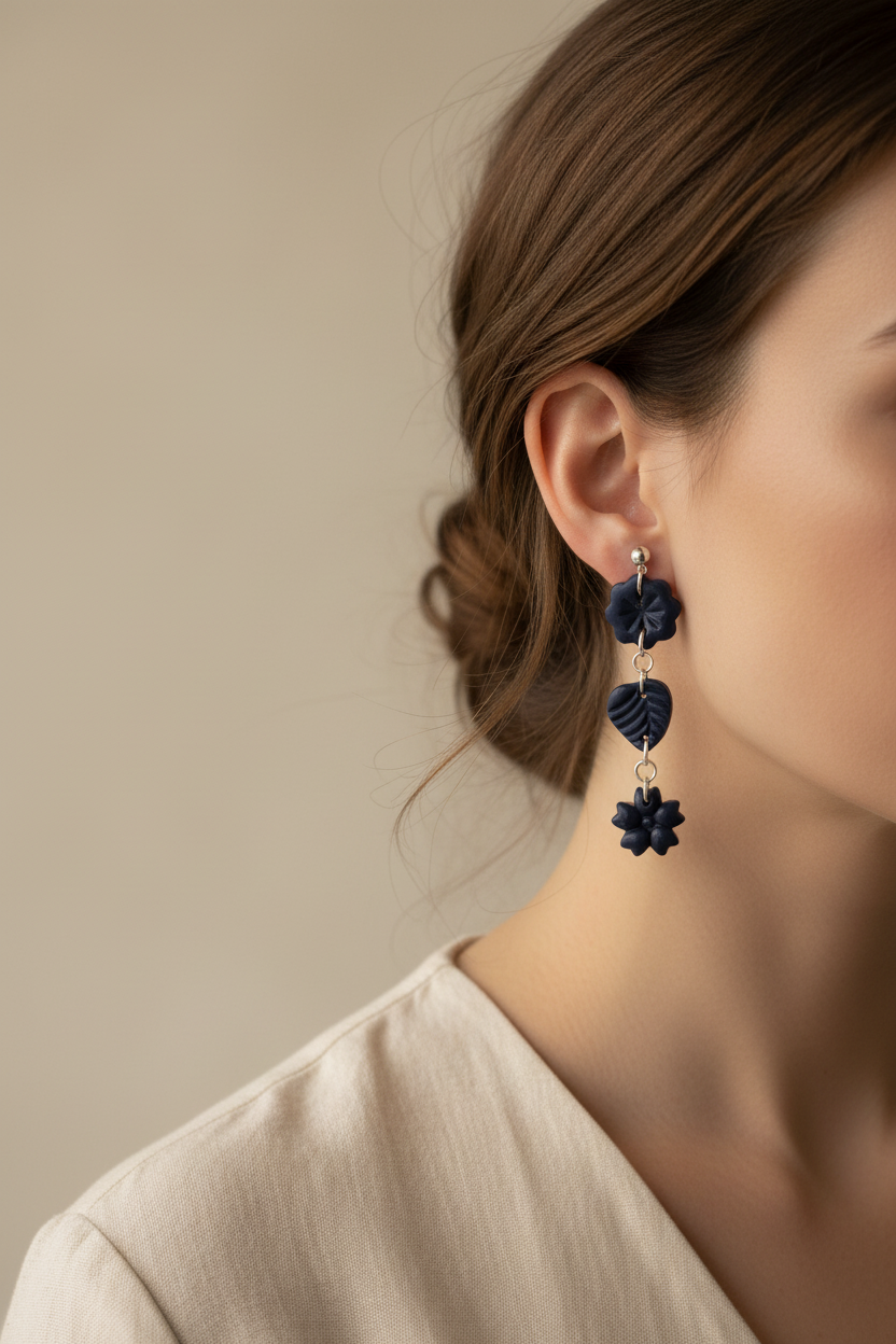 Model wearing Crafty Larder Botanical Trio Earrings in Crown Blue — handmade polymer clay three-tier botanical drop earrings in deep midnight navy showing full length against neck and collarbone