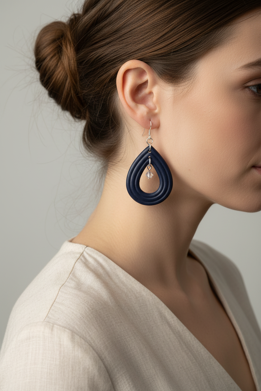 Side profile of model wearing Crafty Larder Raindrop Crystal Earrings in Crown Blue — handmade polymer clay open teardrop hoop earrings with crystal bead in deep midnight navy, hair up showing full earring
