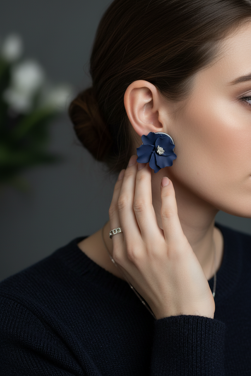 Woman wearing Autumn Petal Studs in Crown Blue midnight navy, large polymer clay floral studs with silver centre, handcrafted in New Zealand