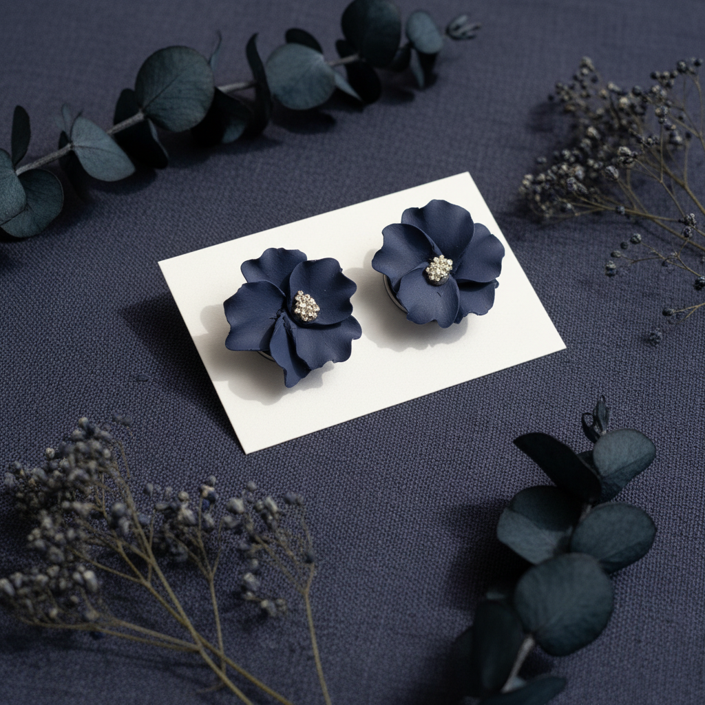 Autumn Petal Studs in Crown Blue — handmade polymer clay floral stud earrings with silver stamen, displayed on white card with indigo dried flower botanical styling