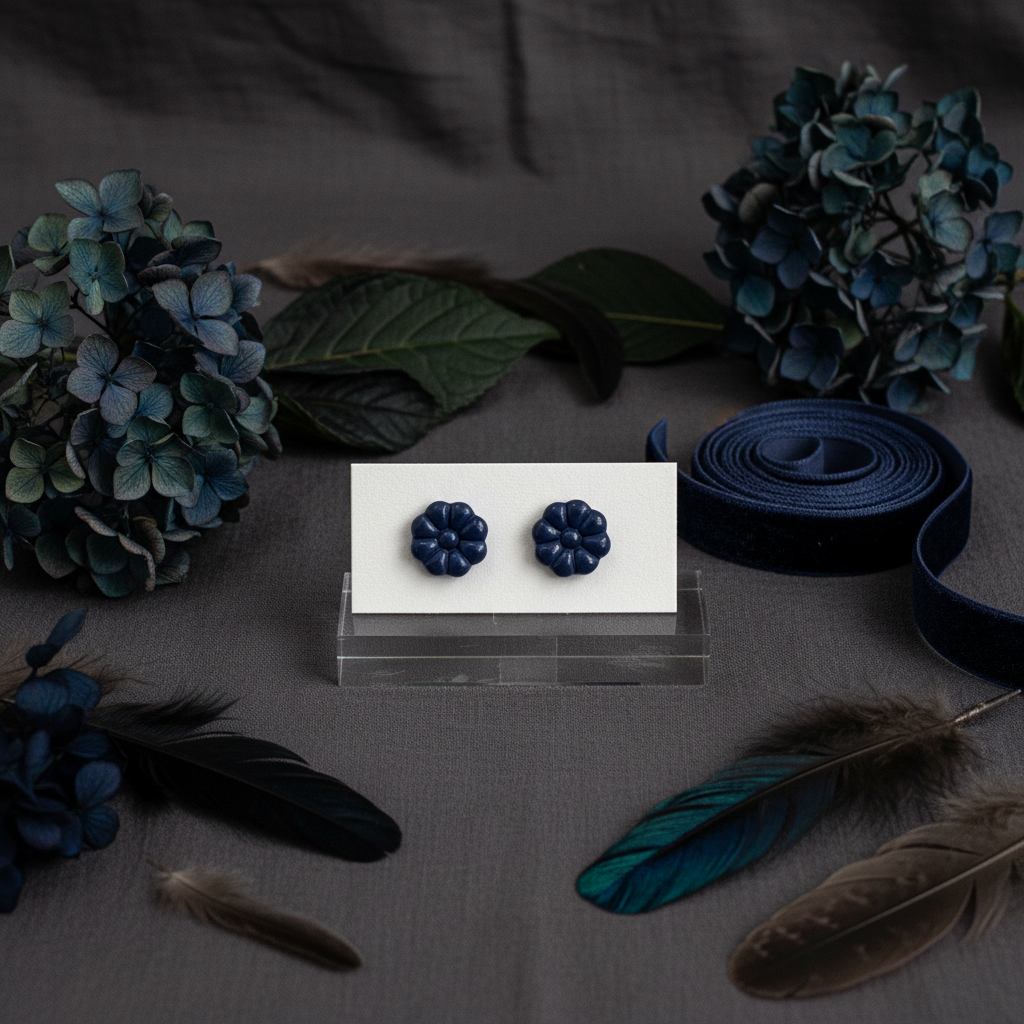 Dahlia Studs in Crown Blue — handmade polymer clay 8-petal dahlia flower stud earrings, displayed on white card with dramatic dark botanical styling, handcrafted in New Zealand by Crafty Larder