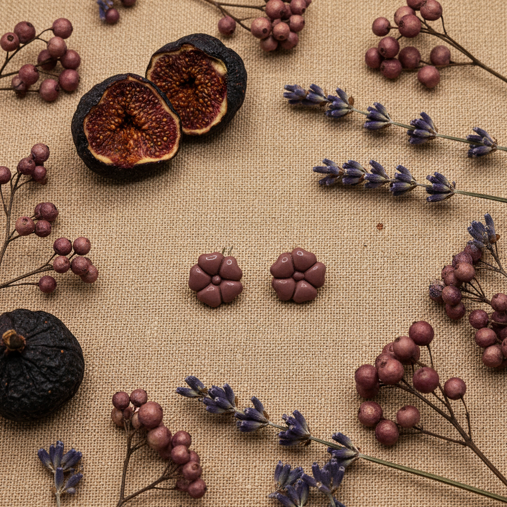 Blossom Studs in Damson flat lay with dried plum flowers, dark figs and dusty lavender on warm linen, handmade polymer clay earrings from Crafty Larder's Harvest & Dusk Collection