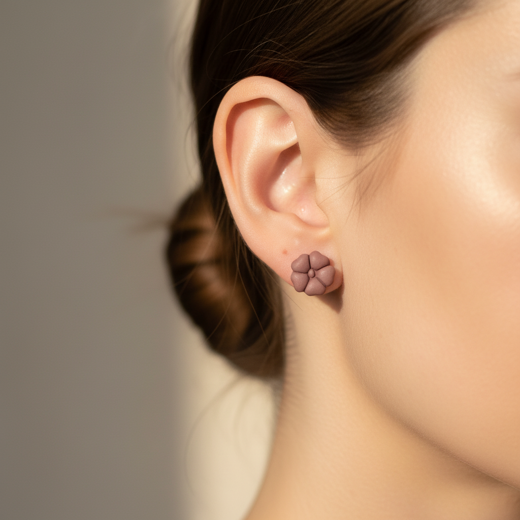 Woman wearing Blossom Studs in Damson, dusty mauve-brown plum polymer clay 5-petal flower studs, handcrafted in New Zealand by Crafty Larder