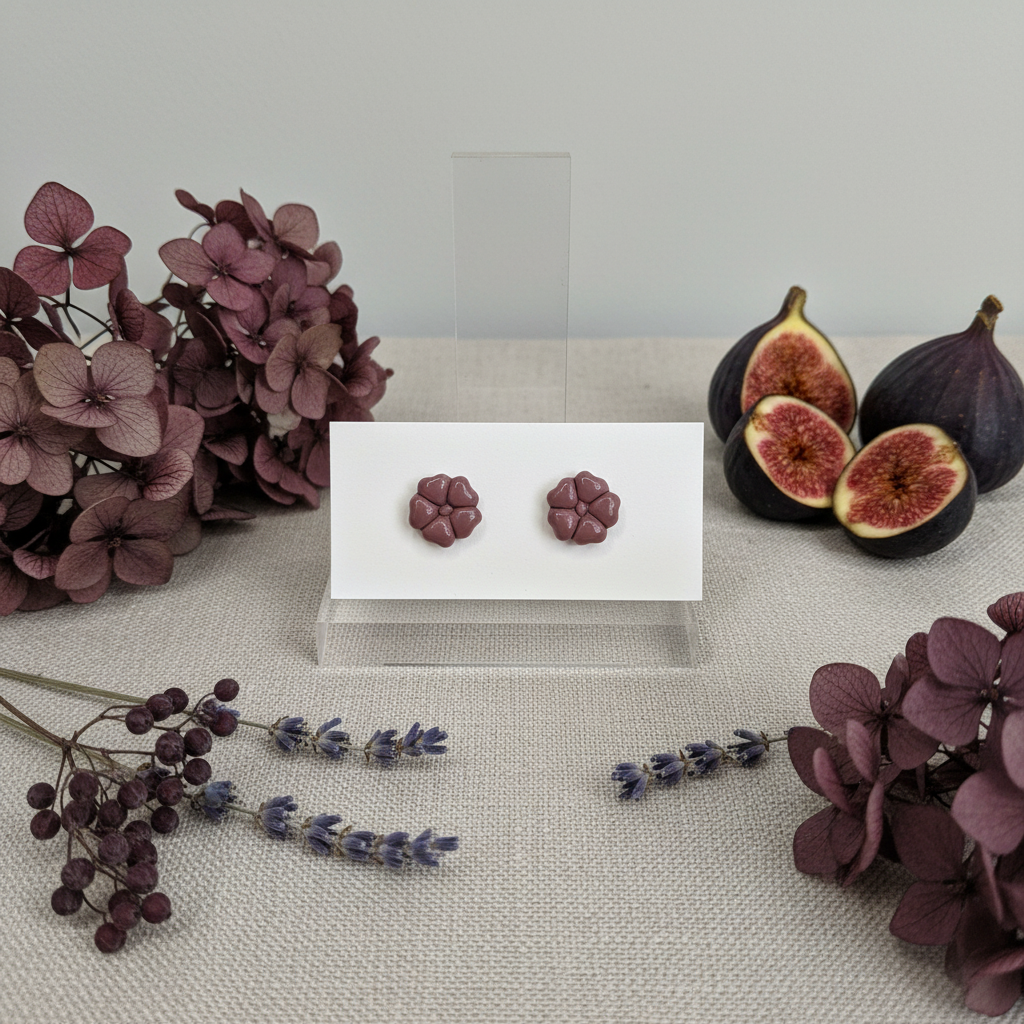 Blossom Studs in Damson — handmade polymer clay 5-petal flower stud earrings, displayed on white card with moody plum and fig botanical styling, handcrafted in New Zealand by Crafty Larder