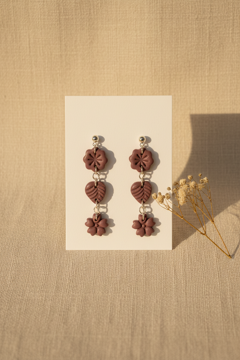 Handmade polymer clay Botanical Trio Earrings in Damson — muted dusty plum three-tier flower, leaf & flower drop earrings on a plain white jewellery card with dried botanical stem
