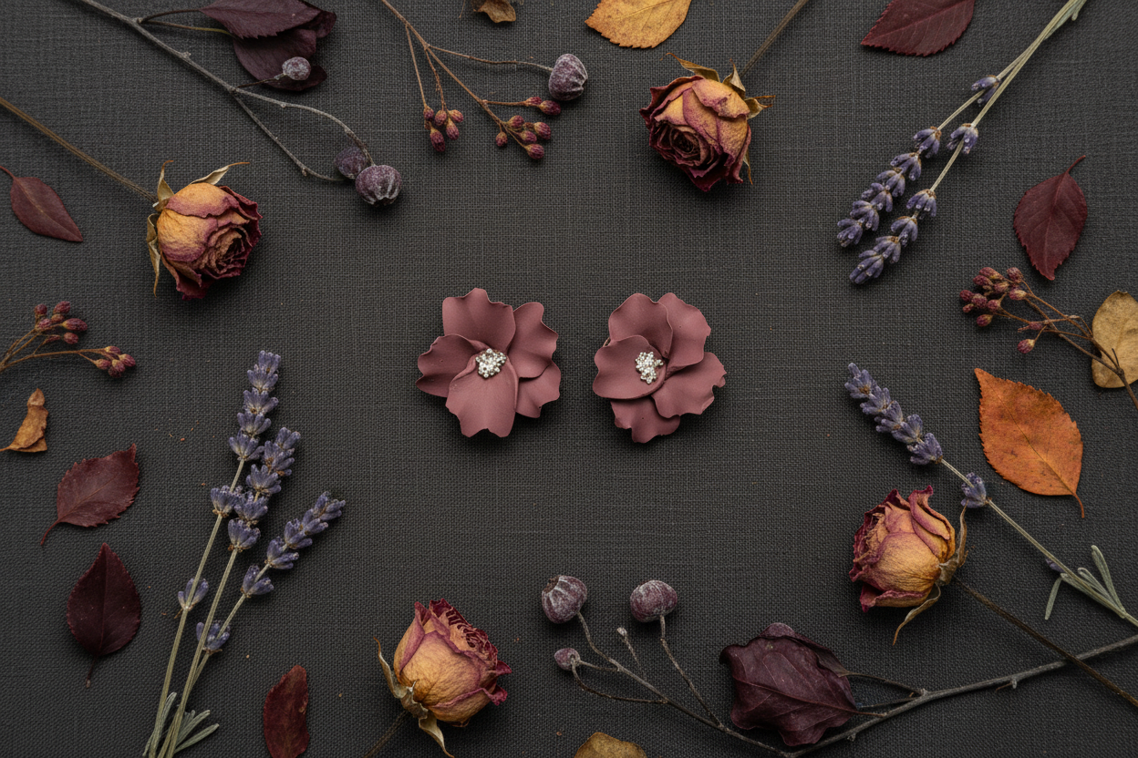 Autumn Petal Studs in Lyons Blue flat lay with dried eucalyptus and winter botanicals on grey linen, handmade polymer clay earrings from Crafty Larder's Harvest & Dusk Collection