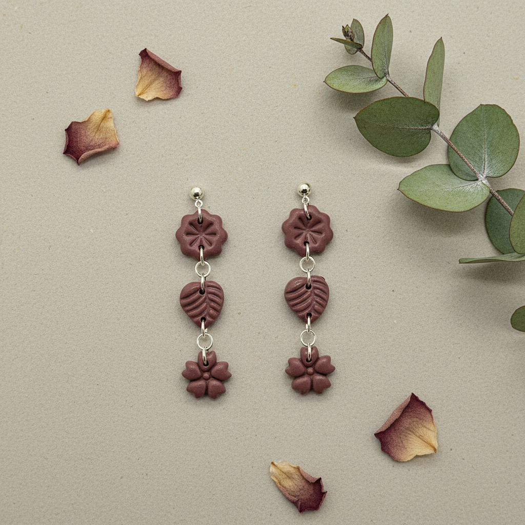 Flat lay of Crafty Larder Botanical Trio Earrings in Damson on warm grey linen with eucalyptus — handmade polymer clay three-tier flower, leaf & flower drop earrings in muted dusty plum