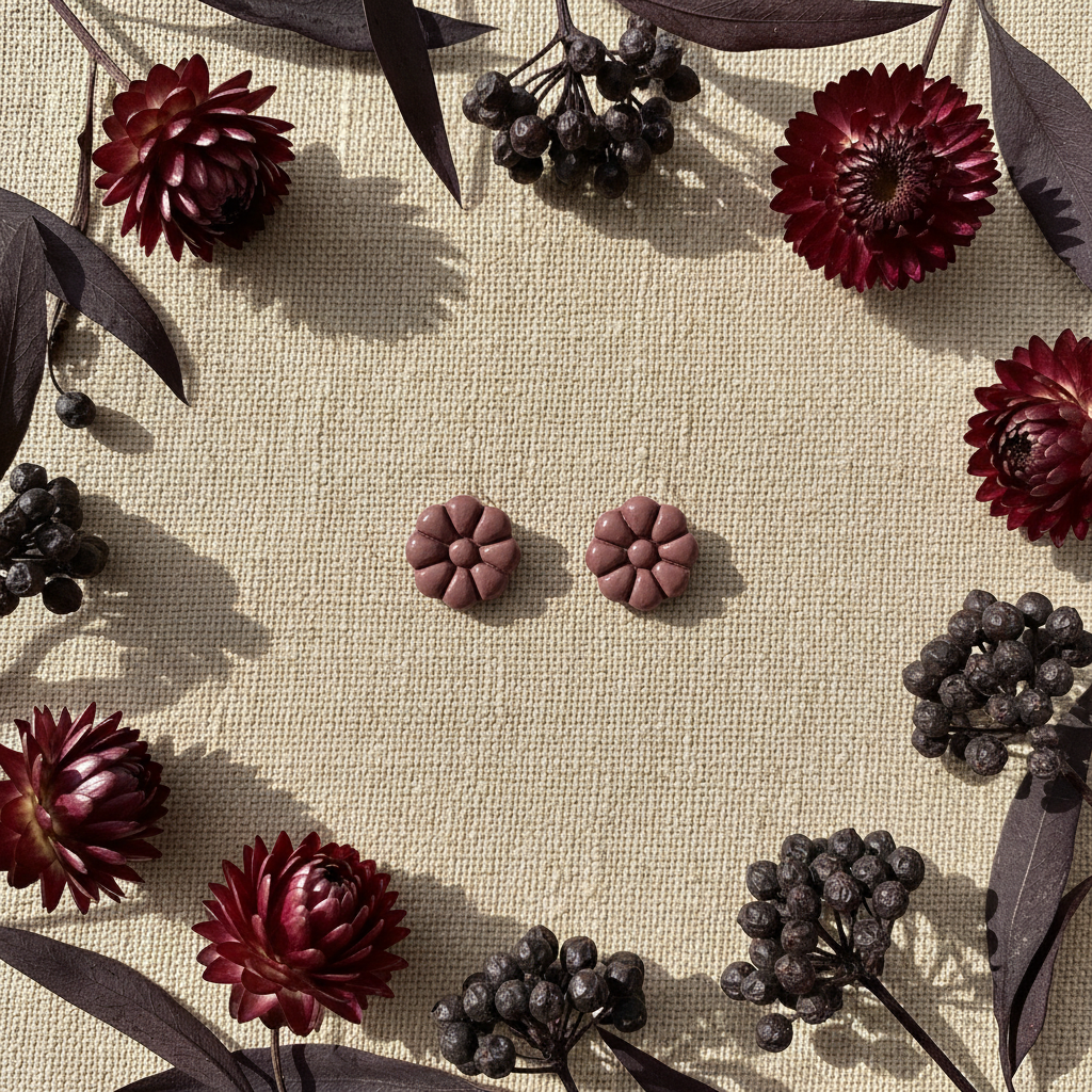 Dahlia Studs in Damson flat lay with dried burgundy flowers and dark plum foliage on warm linen, handmade polymer clay earrings from Crafty Larder's Harvest & Dusk Collection