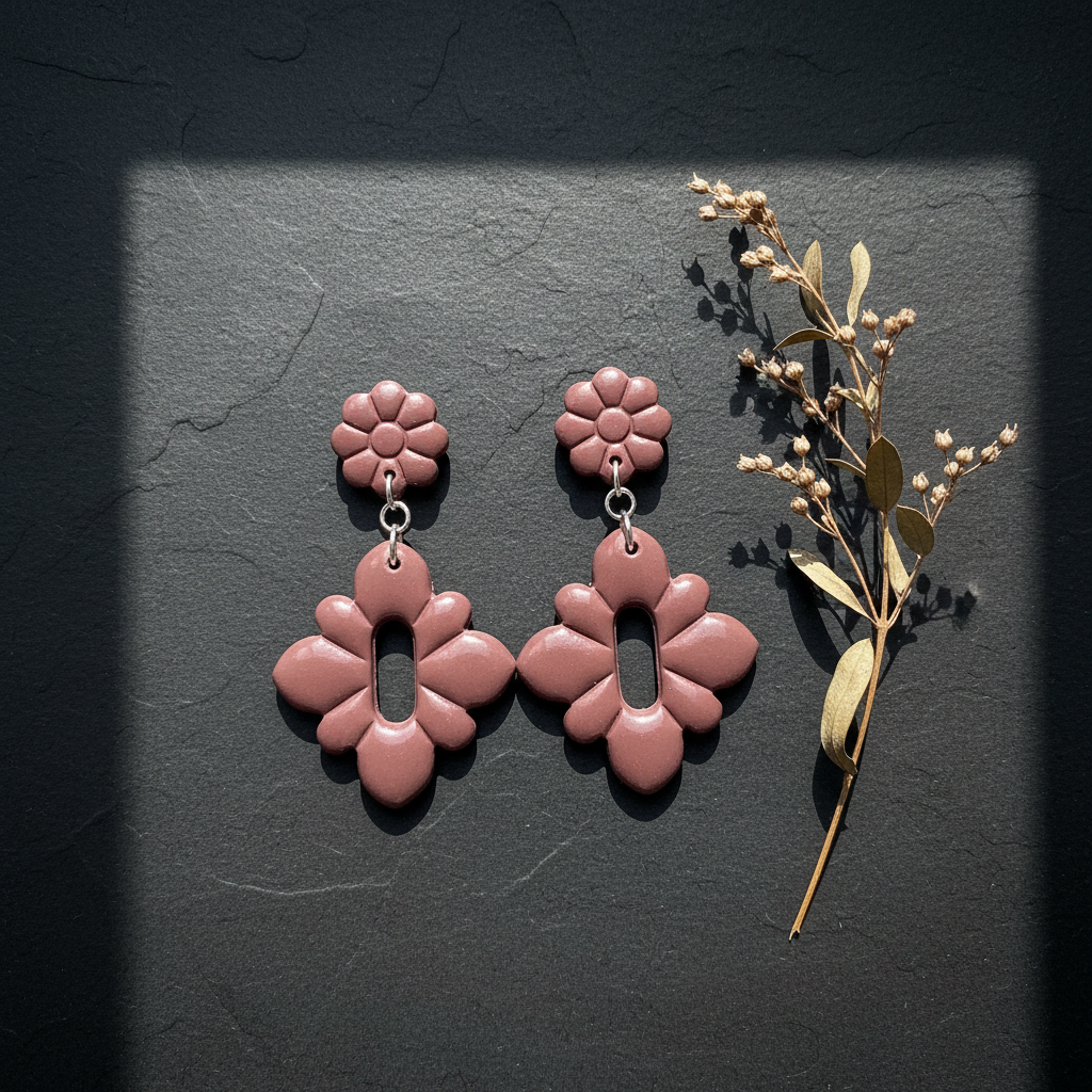 Flat lay of Crafty Larder Gerbera Drop Earrings in Damson on a dark moody surface with dried botanicals — handmade polymer clay dangle earrings in muted dusty plum