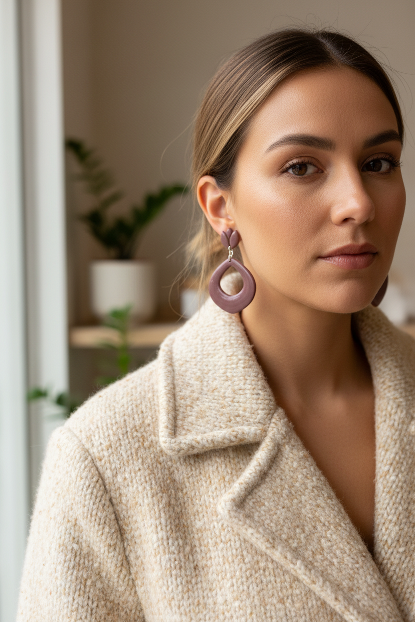 Model wearing Crafty Larder Tulip Loop Earrings in Damson — handmade polymer clay dangle earrings in muted dusty plum, styled with a cosy autumn winter knit