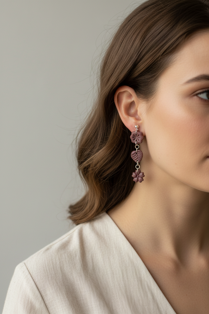 Model wearing Crafty Larder Botanical Trio Earrings in Damson — handmade polymer clay three-tier botanical drop earrings in muted dusty plum showing full length against neck and collarbone