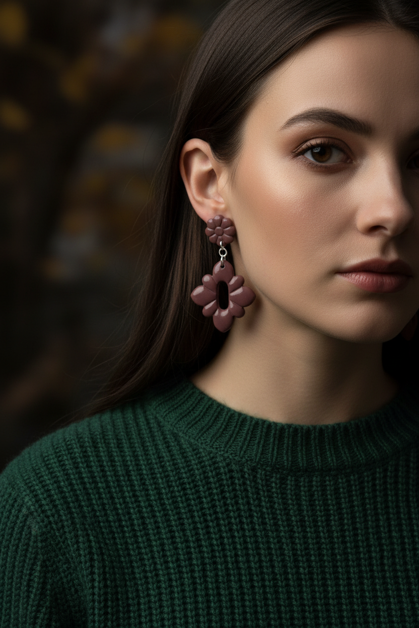 Model wearing Crafty Larder Gerbera Drop Earrings in Damson — handmade polymer clay dangle earrings in muted dusty plum, styled with a rich dark autumn winter outfit
