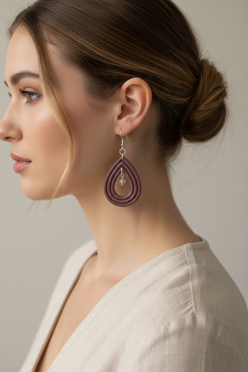 Side profile of model wearing Crafty Larder Raindrop Crystal Earrings in Damson — handmade polymer clay open teardrop hoop earrings with crystal bead in muted dusty plum-mauve, hair up showing full earring