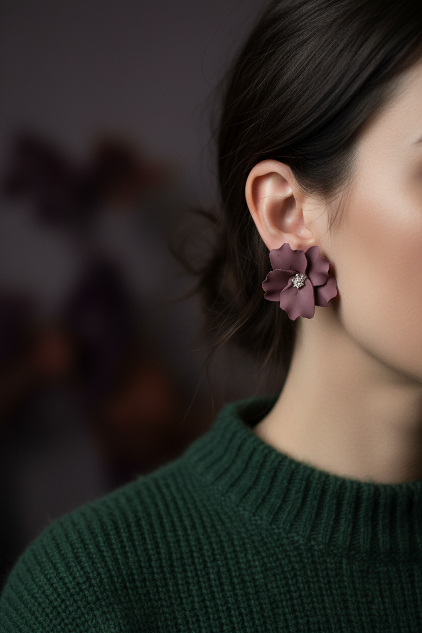 Woman wearing Autumn Petal Studs in Damson plum-mauve, large polymer clay floral studs with silver centre, handcrafted in New Zealand