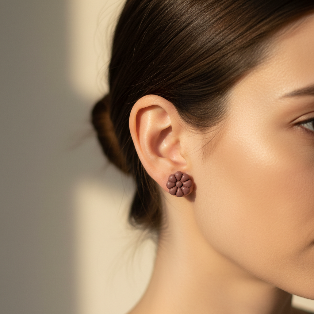 Woman wearing Dahlia Studs in Damson, deep dusty plum-brown polymer clay 8-petal dahlia flower studs, handcrafted in New Zealand by Crafty Larder