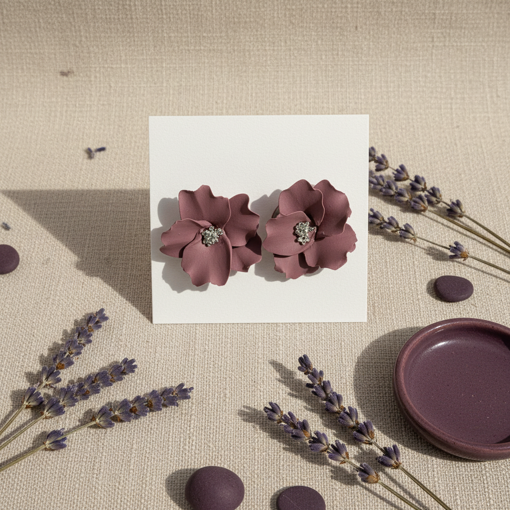 Autumn Petal Studs in Damson — handmade polymer clay floral stud earrings with silver stamen, displayed on white card with dried lavender botanical styling