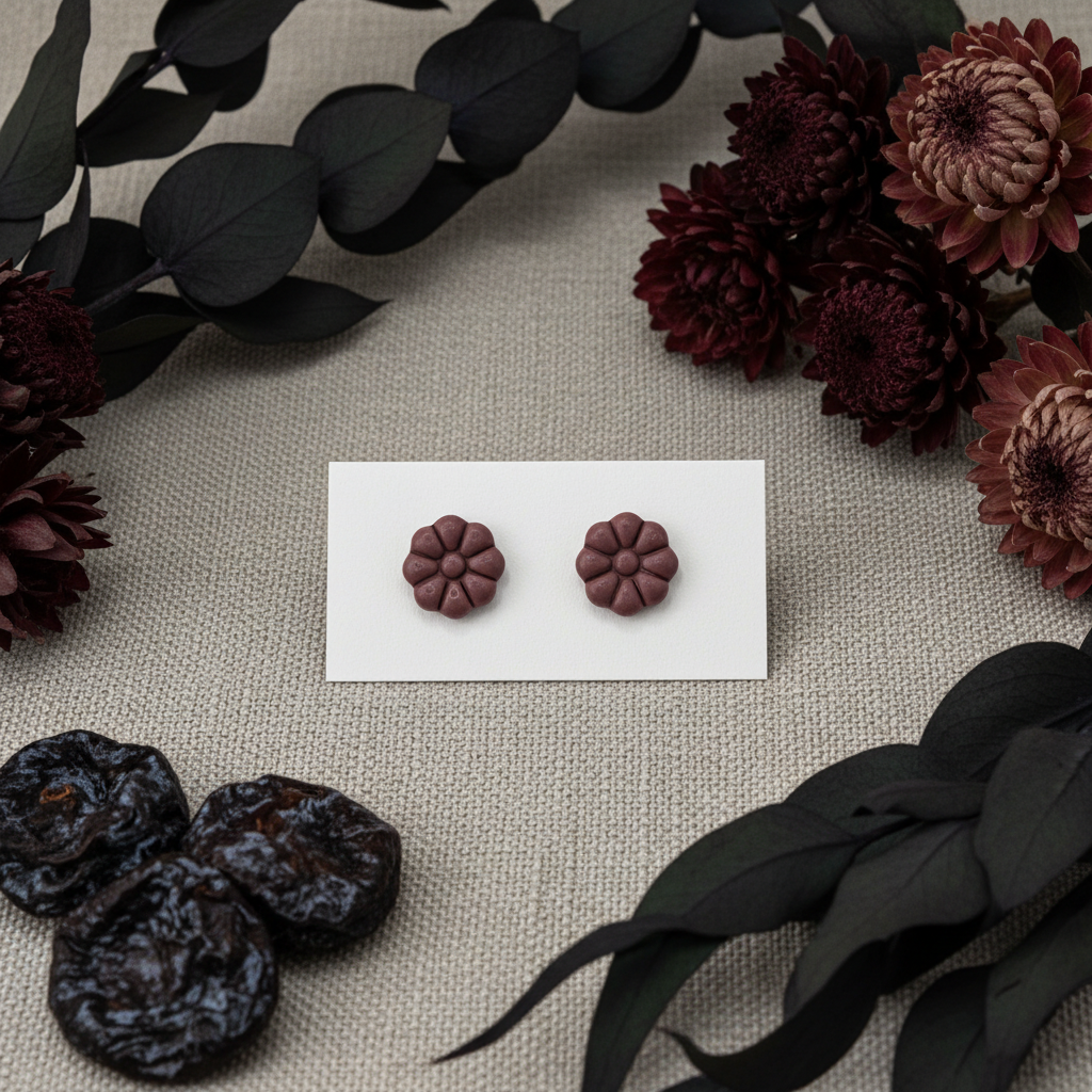 Dahlia Studs in Damson — handmade polymer clay 8-petal dahlia flower stud earrings, displayed on white card with moody burgundy botanical styling, handcrafted in New Zealand by Crafty Larder