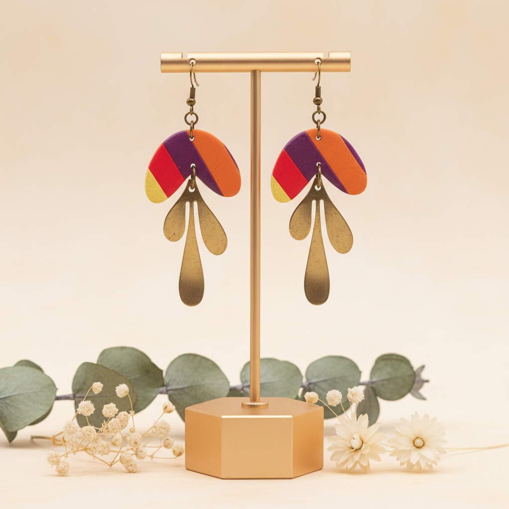 "Handmade polymer clay diagonal stripe arch dangle earrings with purple orange red yellow stripes and gold teardrop charms"