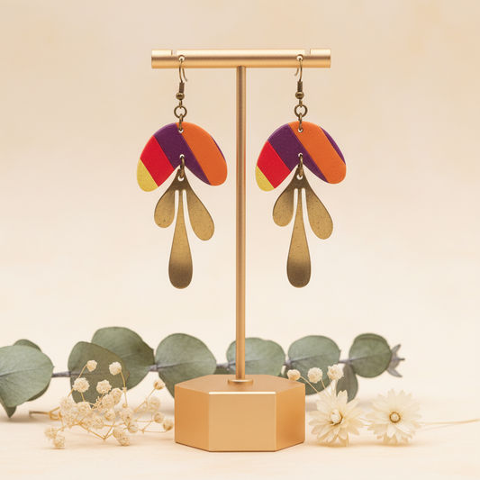 "Handmade polymer clay diagonal stripe arch dangle earrings with purple orange red yellow stripes and gold teardrop charms"
