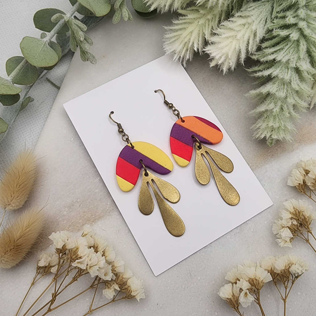 "Handmade polymer clay diagonal stripe arch dangle earrings with purple orange red yellow stripes and gold teardrop charms"