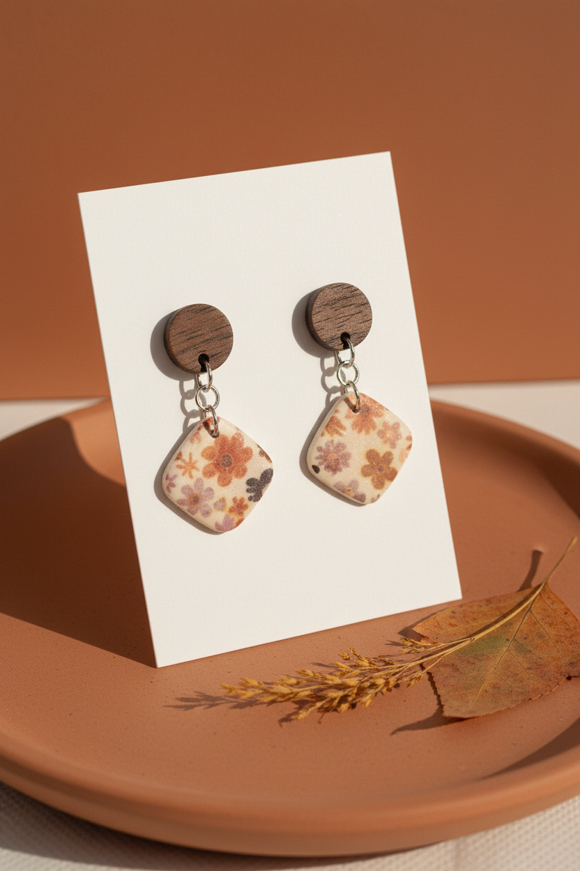 Handmade Ditsy Daisy earrings — round dark wood stud with diamond-shaped clay drop featuring bold retro daisy print in rust, dusty pink and mauve on cream, on white jewellery card propped on terracotta surface with dried autumn leaf