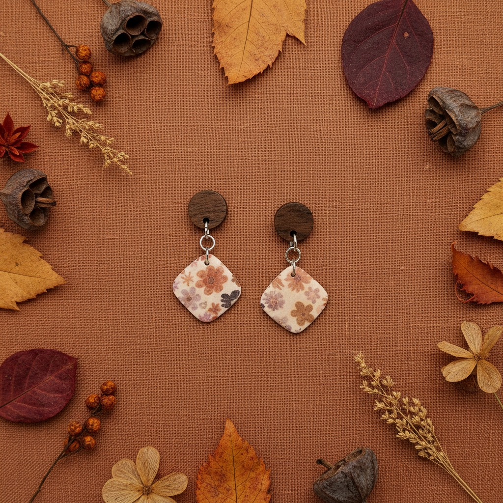 Overhead flat lay of Crafty Larder Ditsy Daisy earrings on rust terracotta linen with dried autumn leaves — round dark wood stud with diamond-shaped clay drop featuring bold retro daisy print in rust, dusty pink and mauve on cream