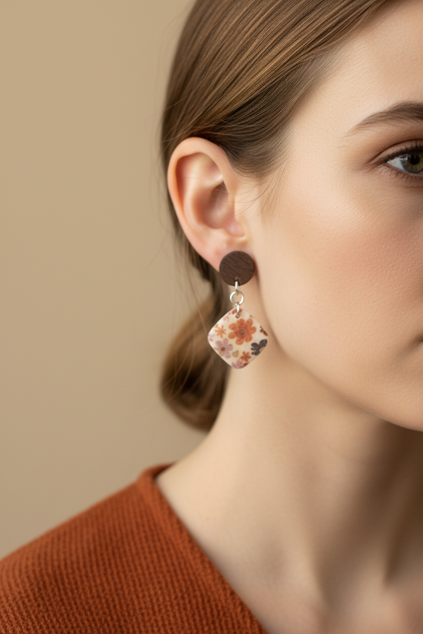 Close up of model wearing Crafty Larder Ditsy Daisy earrings — round dark wood stud with diamond-shaped clay drop featuring bold retro daisy print in rust, dusty pink and mauve on cream, hair tucked back
