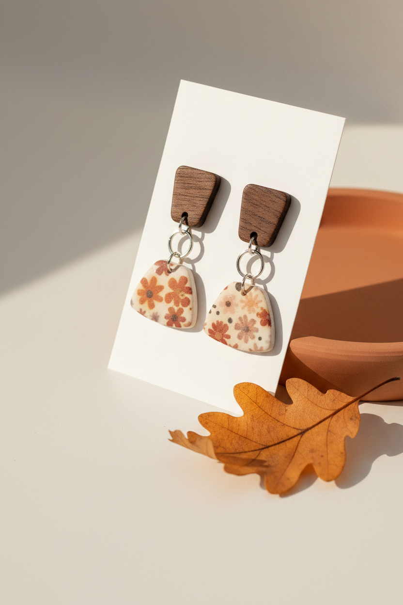 Handmade Ditsy Daisy earrings — trapezoid dark wood stud with chunky fan-shaped clay drop featuring bold retro daisy print in rust, dusty pink and mauve on cream, on white jewellery card propped on terracotta surface