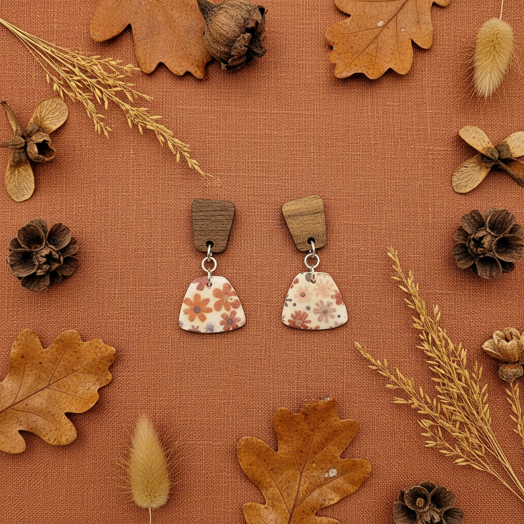 Overhead flat lay of Crafty Larder Ditsy Daisy earrings on rust terracotta linen — trapezoid dark wood stud with chunky fan-shaped clay drop featuring bold retro daisy print in rust, dusty pink and mauve on cream