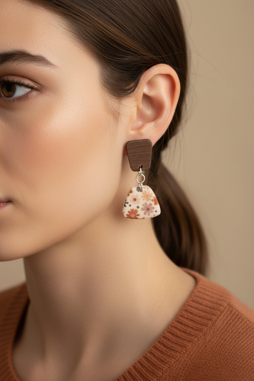 Close up of model wearing Crafty Larder Ditsy Daisy earrings — trapezoid dark wood stud with chunky fan-shaped clay drop featuring bold retro daisy print in rust, dusty pink and mauve on cream