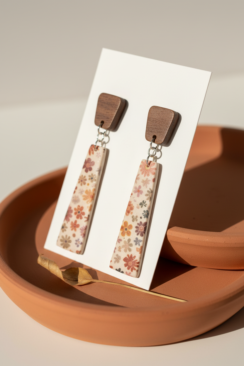 Handmade Ditsy Daisy earrings — chunky rounded square dark wood stud with long slim trapezoid clay drop featuring bold retro daisy print in rust, dusty pink and mauve on cream, on white jewellery card propped on terracotta surface