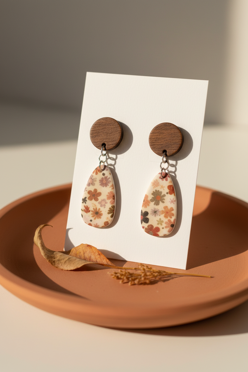 Handmade Ditsy Daisy earrings — round dark wood stud with large teardrop clay drop featuring bold retro daisy print in rust, dusty pink and mauve on cream, on white jewellery card propped on terracotta surface